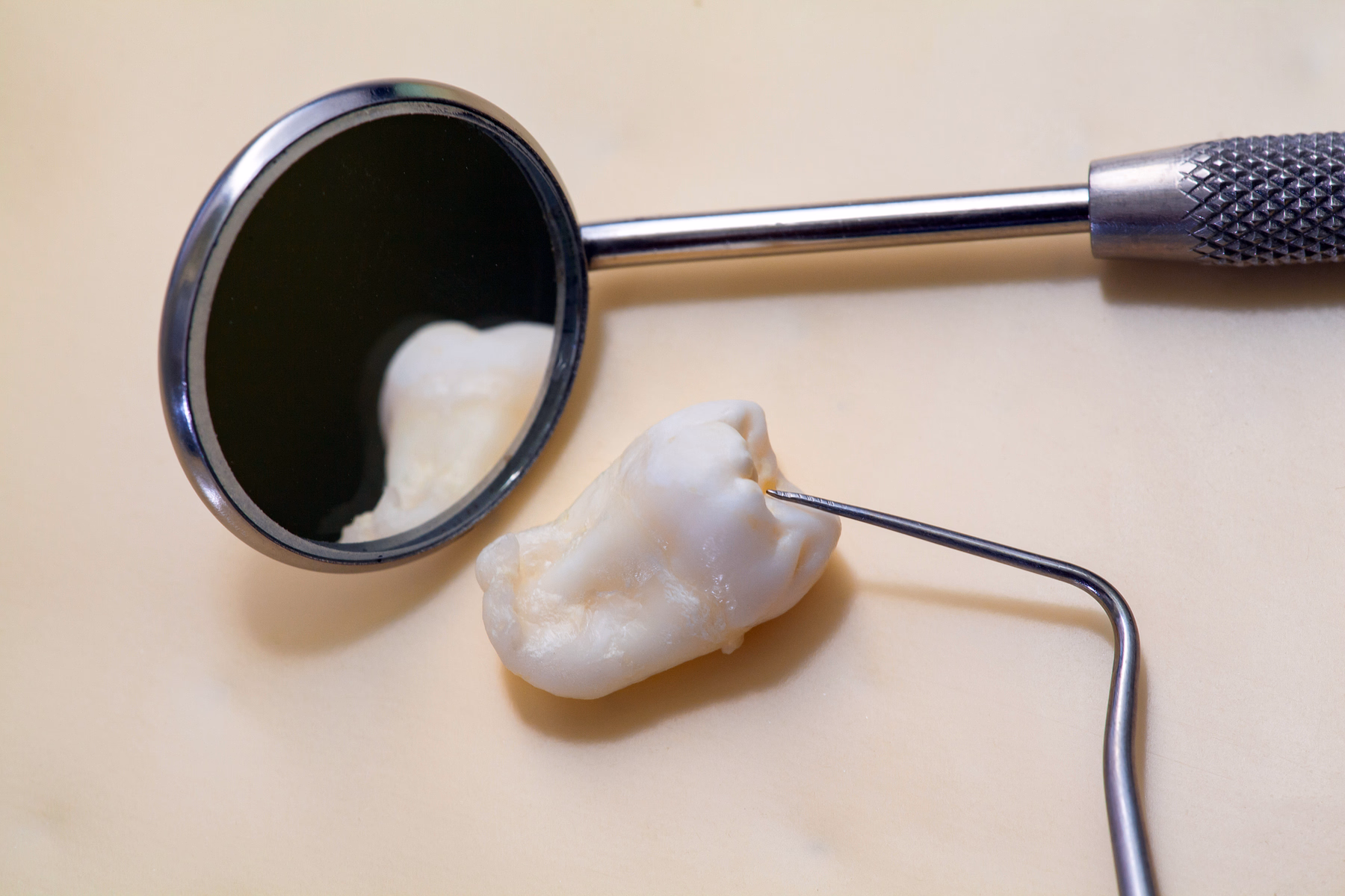 Primer plano de un espejo dental y un explorador dental junto a una muela extraída sobre una superficie clara.