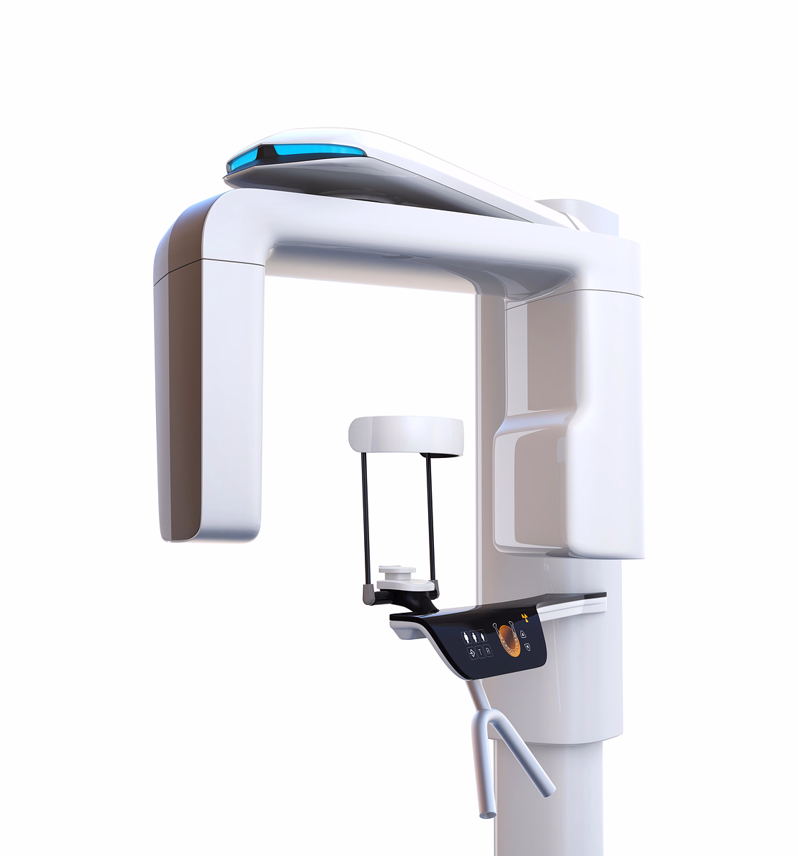 Modern dental X-ray machine with a white and black design and control panel.