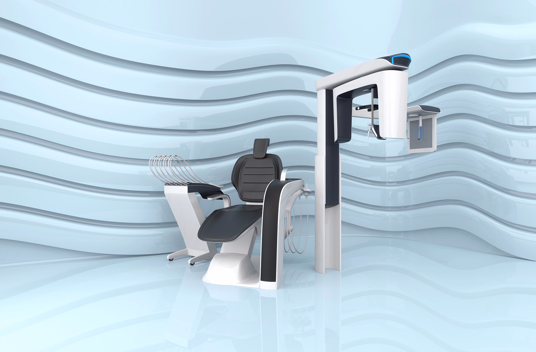 Modern dental chair with attached X-ray machine in a sleek, light blue wavy-patterned room.